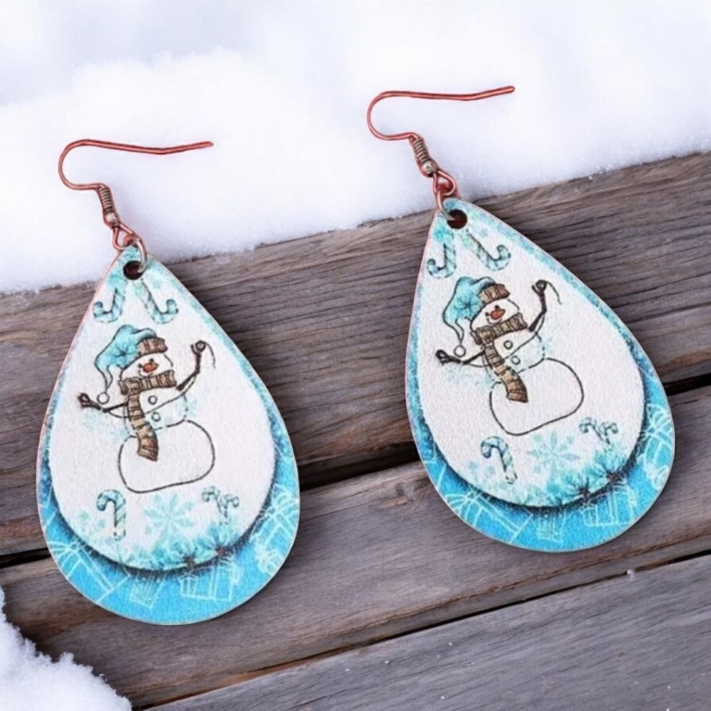 Holiday Earrings 🎄Snowman Blue Snowy Christmas Leather Dangle Drop Ear Jewelry